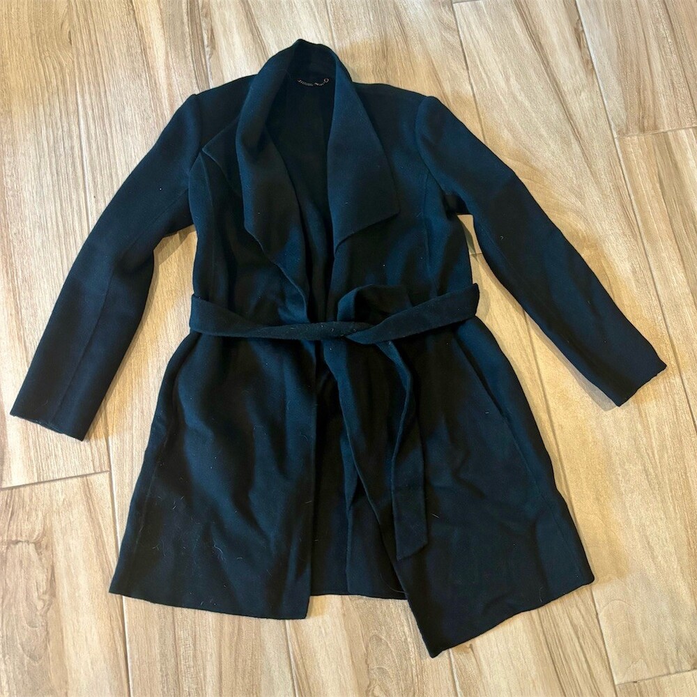 Tahari Coat Womens Size M Black Wrap Belted Waterfall Open Front Long